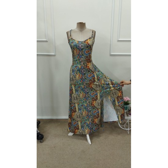 Kadın Ip Askılı Arkadan çapraz Kesim Detaylı Uzun Desenli Süprem Elbise, 32845