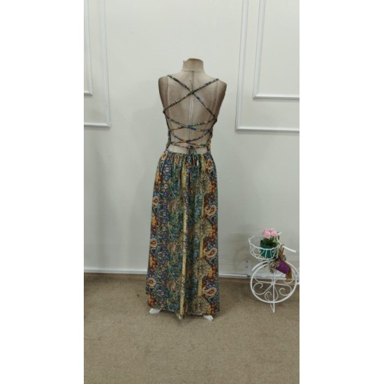 Kadın Ip Askılı Arkadan çapraz Kesim Detaylı Uzun Desenli Süprem Elbise, 32845