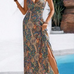 Kadın Ip Askılı Arkadan çapraz Kesim Detaylı Uzun Desenli Süprem Elbise, 32843