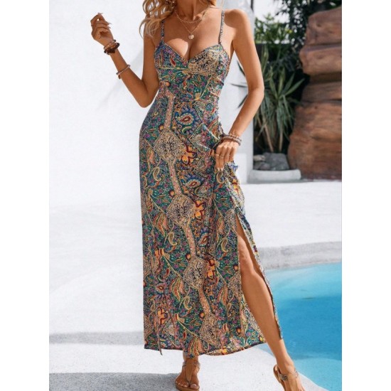 Kadın Ip Askılı Arkadan çapraz Kesim Detaylı Uzun Desenli Süprem Elbise, 32843