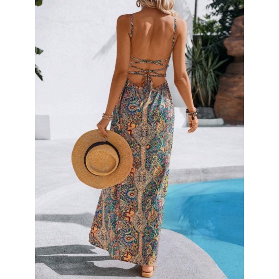 Kadın Ip Askılı Arkadan çapraz Kesim Detaylı Uzun Desenli Süprem Elbise, 32843