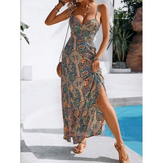 Kadın Ip Askılı Arkadan çapraz Kesim Detaylı Uzun Desenli Süprem Elbise, 32843