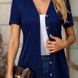 Kadın Kısa Kollu V Yakalı önü Düğmeli Viskon Bluz, 32865