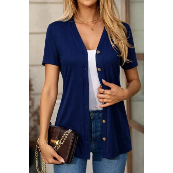 Kadın Kısa Kollu V Yakalı önü Düğmeli Viskon Bluz, 32865