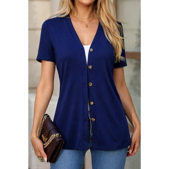 Kadın Kısa Kollu V Yakalı önü Düğmeli Viskon Bluz, 32865