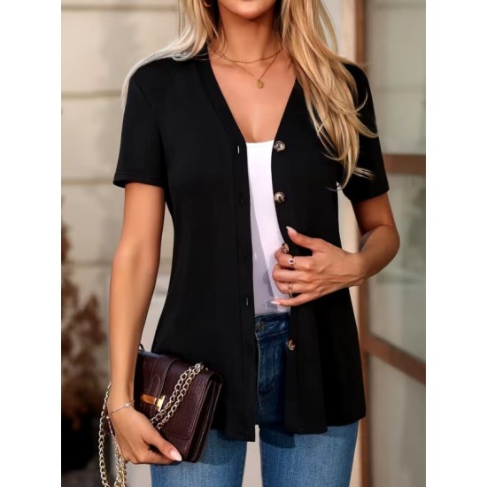 Kadın Kısa Kollu V Yakalı önü Düğmeli Viskon Bluz, 32862