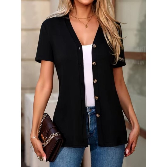 Kadın Kısa Kollu V Yakalı önü Düğmeli Viskon Bluz, 32862