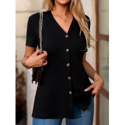 Kadın Kısa Kollu V Yakalı önü Düğmeli Viskon Bluz, 32862