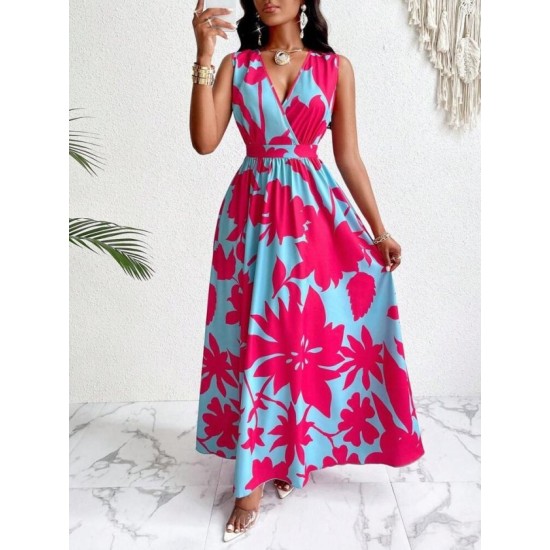 Kadın Askılı Kruvaze Yakalı çiçek Desenli Uzun Süprem Elbise, 32860