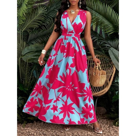 Kadın Askılı Kruvaze Yakalı çiçek Desenli Uzun Süprem Elbise, 32860