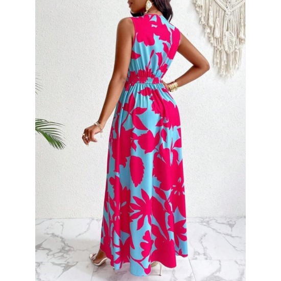 Kadın Askılı Kruvaze Yakalı çiçek Desenli Uzun Süprem Elbise, 32860