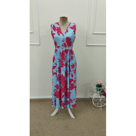 Kadın Askılı Kruvaze Yakalı çiçek Desenli Uzun Süprem Elbise, 32860