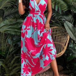 Kadın Askılı Kruvaze Yakalı çiçek Desenli Uzun Süprem Elbise, 32860