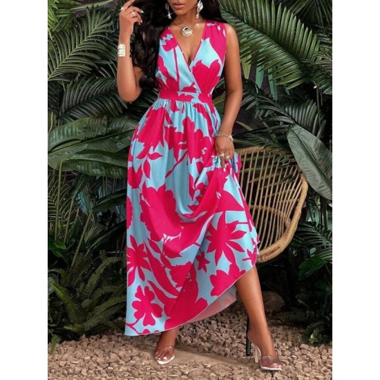 Kadın Askılı Kruvaze Yakalı çiçek Desenli Uzun Süprem Elbise, 32860