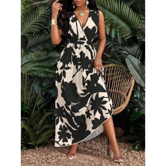 Kadın Askılı Kruvaze Yakalı çiçek Desenli Uzun Süprem Elbise, 32858