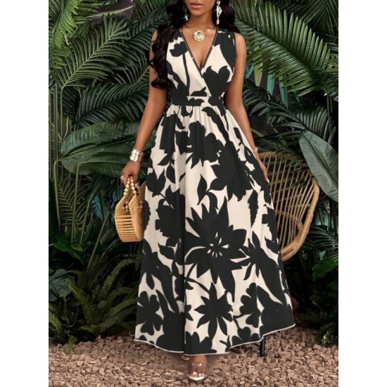 Kadın Askılı Kruvaze Yakalı çiçek Desenli Uzun Süprem Elbise, 32858