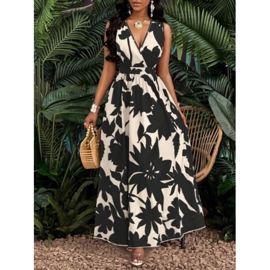 Kadın Askılı Kruvaze Yakalı çiçek Desenli Uzun Süprem Elbise, 32858