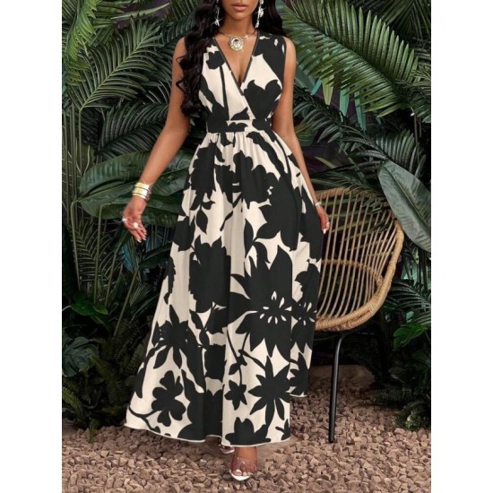 Kadın Askılı Kruvaze Yakalı çiçek Desenli Uzun Süprem Elbise, 32858