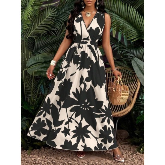 Kadın Askılı Kruvaze Yakalı çiçek Desenli Uzun Süprem Elbise, 32858