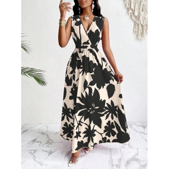 Kadın Askılı Kruvaze Yakalı çiçek Desenli Uzun Süprem Elbise, 32858