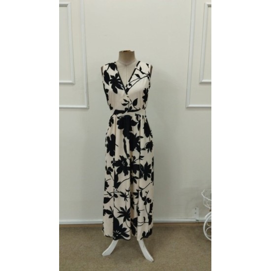 Kadın Askılı Kruvaze Yakalı çiçek Desenli Uzun Süprem Elbise, 32858