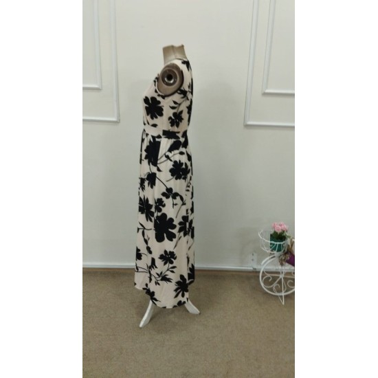 Kadın Askılı Kruvaze Yakalı çiçek Desenli Uzun Süprem Elbise, 32858