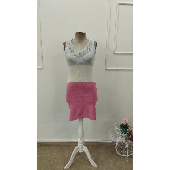 Kadın Askılı V Yakalı çok Renkli Triko Kısa Elbise, 32854