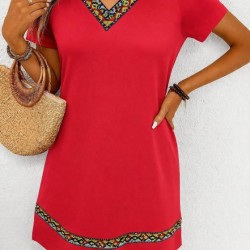 Kadın Kısa Kollu V Yakalı Etnik Desen şerit Detaylı Viskon Elbise, 32829