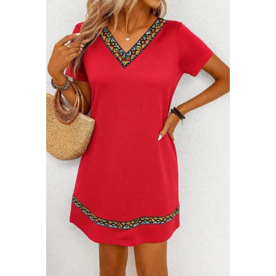 Kadın Kısa Kollu V Yakalı Etnik Desen şerit Detaylı Viskon Elbise, 32829