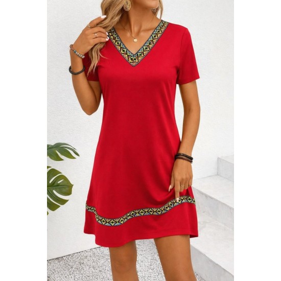 Kadın Kısa Kollu V Yakalı Etnik Desen şerit Detaylı Viskon Elbise, 32829