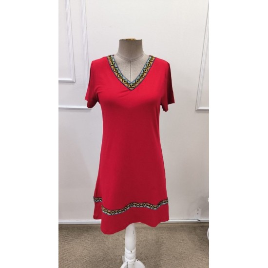 Kadın Kısa Kollu V Yakalı Etnik Desen şerit Detaylı Viskon Elbise, 32829