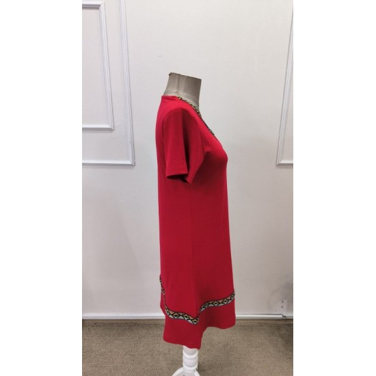 Kadın Kısa Kollu V Yakalı Etnik Desen şerit Detaylı Viskon Elbise, 32829