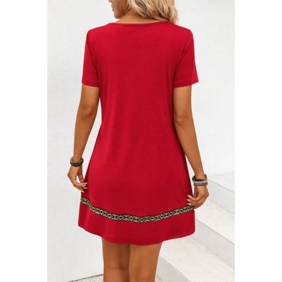 Kadın Kısa Kollu V Yakalı Etnik Desen şerit Detaylı Viskon Elbise, 32829