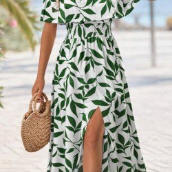 Kadın Madonna Yaka Göğüs Lastikli Yırtmaçlı Uzun Desenli Süprem Elbise, 32872