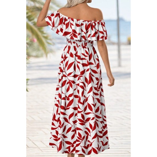 Kadın Madonna Yaka Göğüs Lastikli Yırtmaçlı Uzun Desenli Süprem Elbise, 32871