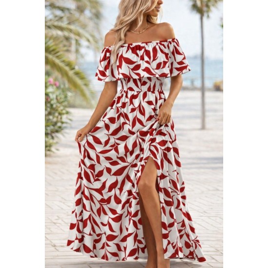 Kadın Madonna Yaka Göğüs Lastikli Yırtmaçlı Uzun Desenli Süprem Elbise, 32871