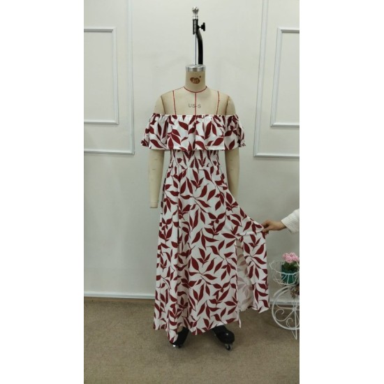 Kadın Madonna Yaka Göğüs Lastikli Yırtmaçlı Uzun Desenli Süprem Elbise, 32871