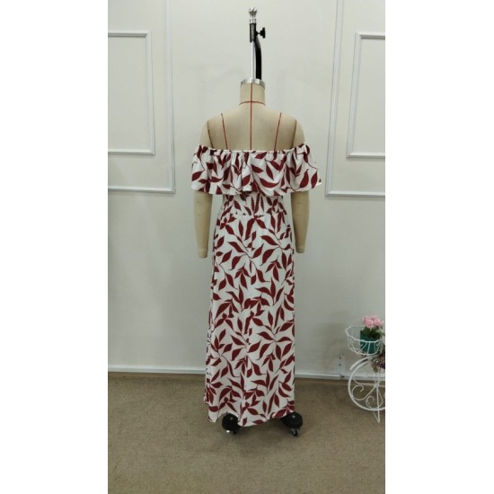 Kadın Madonna Yaka Göğüs Lastikli Yırtmaçlı Uzun Desenli Süprem Elbise, 32871