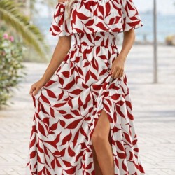 Kadın Madonna Yaka Göğüs Lastikli Yırtmaçlı Uzun Desenli Süprem Elbise, 32871