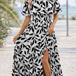 Kadın Madonna Yaka Göğüs Lastikli Yırtmaçlı Uzun Desenli Süprem Elbise, 32869