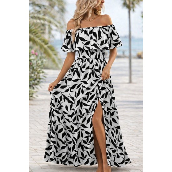 Kadın Madonna Yaka Göğüs Lastikli Yırtmaçlı Uzun Desenli Süprem Elbise, 32869