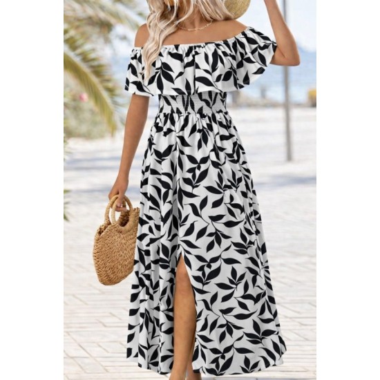 Kadın Madonna Yaka Göğüs Lastikli Yırtmaçlı Uzun Desenli Süprem Elbise, 32869