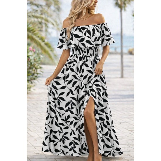 Kadın Madonna Yaka Göğüs Lastikli Yırtmaçlı Uzun Desenli Süprem Elbise, 32869