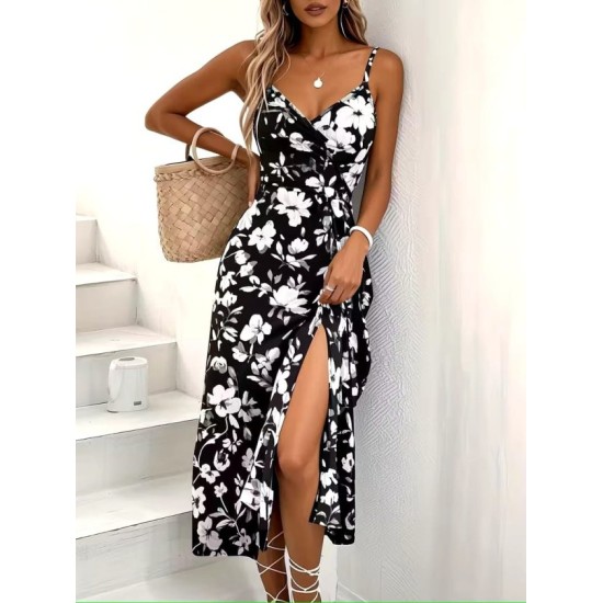 Kadın Ip Askılı Kruvaze Yakalı Beli Lastikli önden Yırtmaçlı Desenli Süprem Midi Elbise, 32881