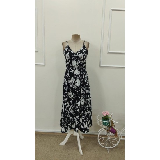 Kadın Ip Askılı Kruvaze Yakalı Beli Lastikli önden Yırtmaçlı Desenli Süprem Midi Elbise, 32881