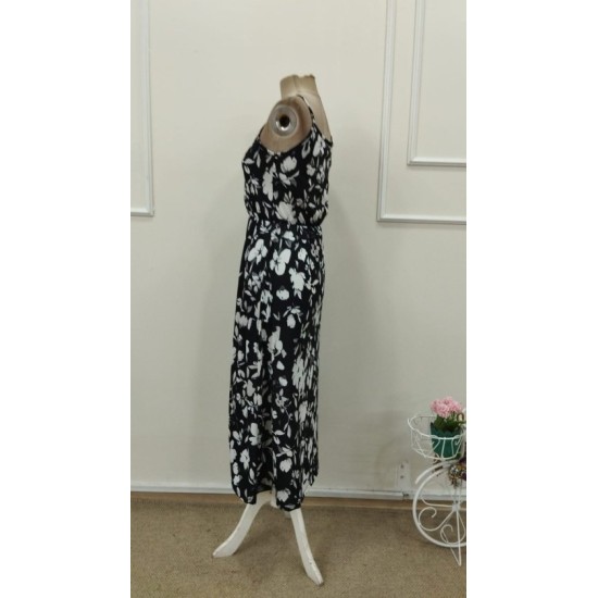 Kadın Ip Askılı Kruvaze Yakalı Beli Lastikli önden Yırtmaçlı Desenli Süprem Midi Elbise, 32881