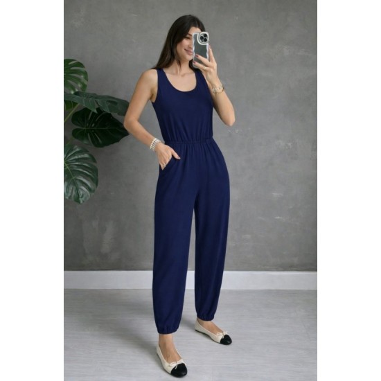 Kadın Askılı Yuvarlak Yakalı Cepli Viskon Tulum, 32898