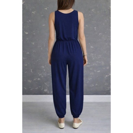 Kadın Askılı Yuvarlak Yakalı Cepli Viskon Tulum, 32898