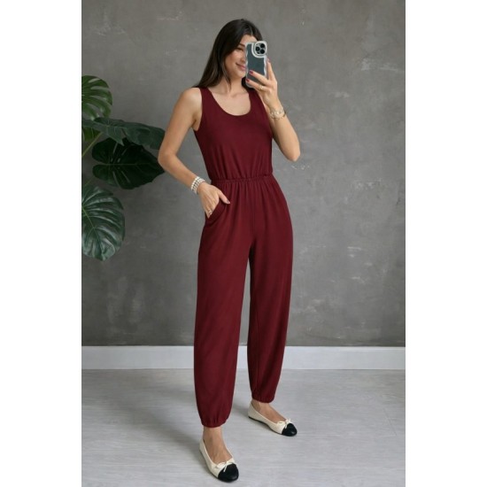 Kadın Askılı Yuvarlak Yakalı Cepli Viskon Tulum, 32897