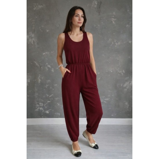 Kadın Askılı Yuvarlak Yakalı Cepli Viskon Tulum, 32897